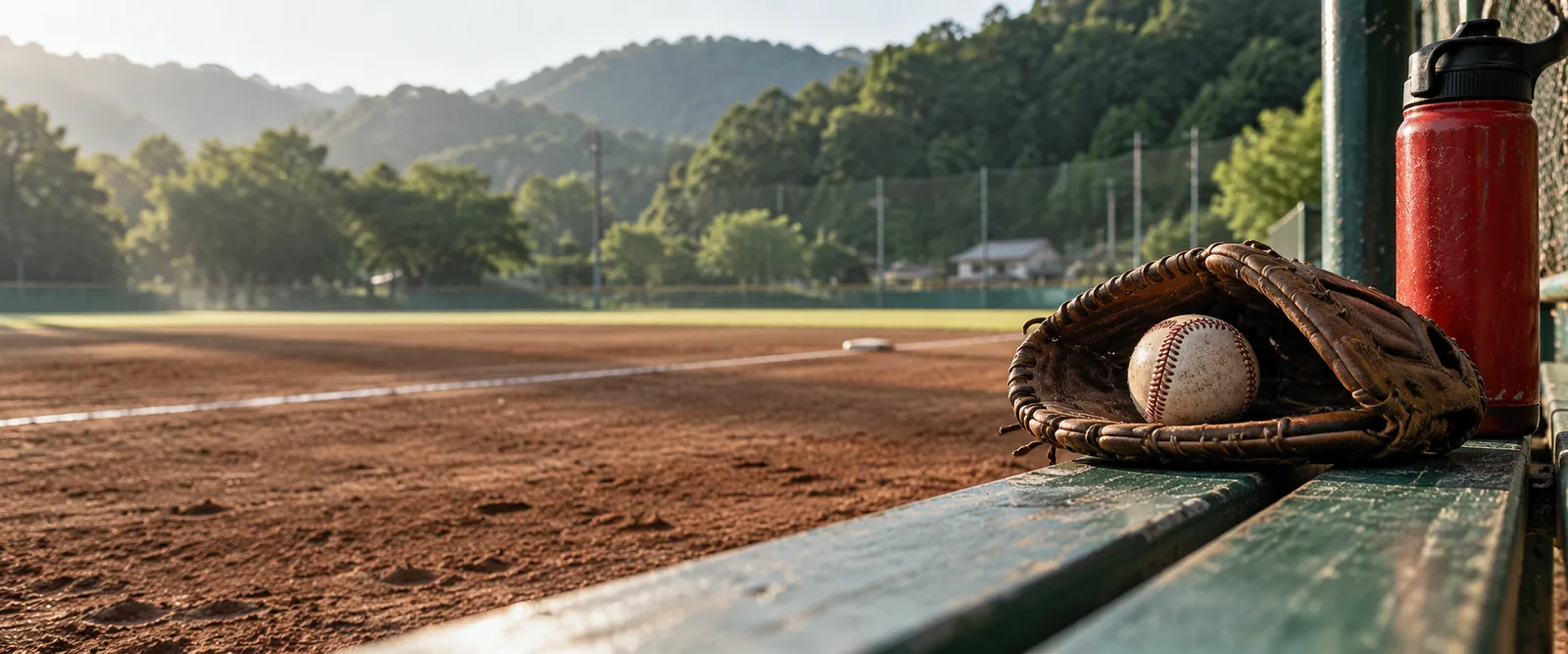朝の野球場のベンチに置いた革のグラブと野球ボール