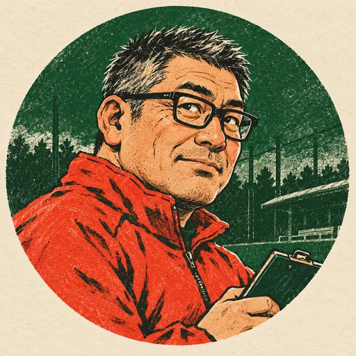 赤い上着と眼鏡の編集キャラクターの版画風イラスト